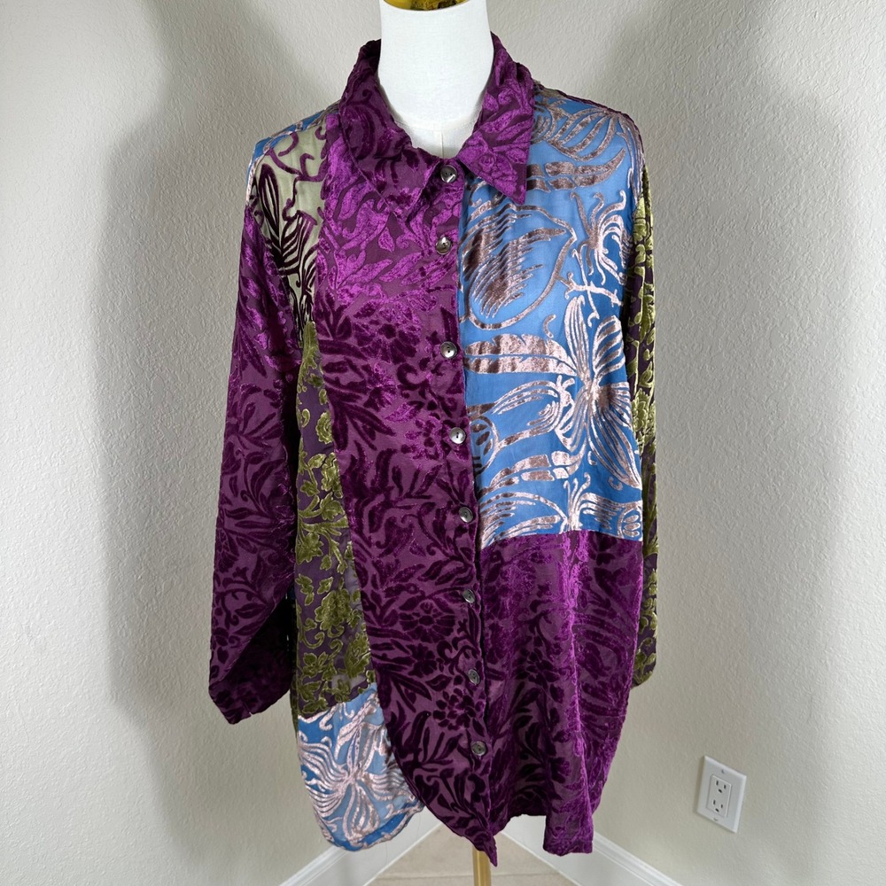 VTG Stonebridge‎ Burnout Velvet Button Down Women 1X Purple Patchwork Whimsigoth
